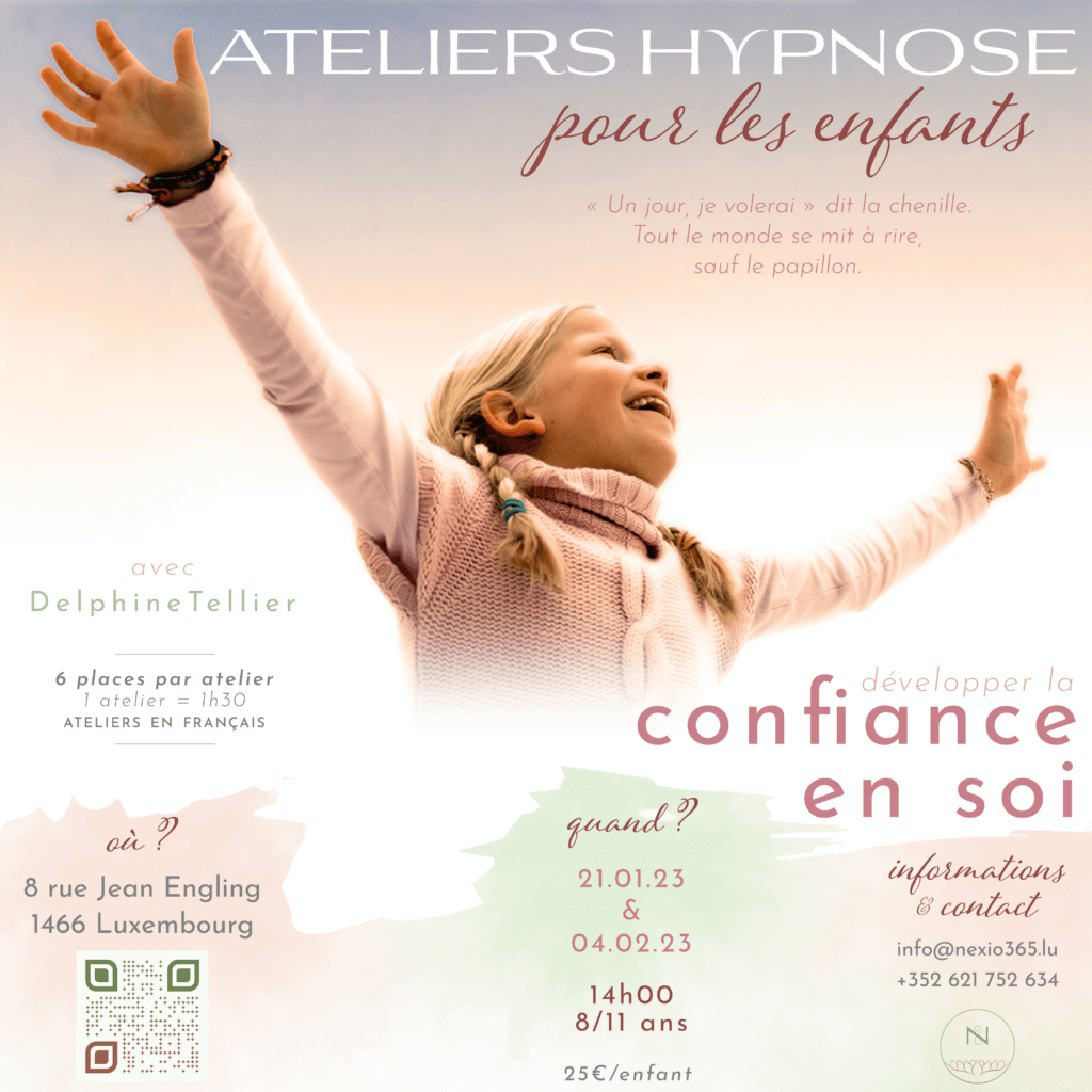 Flyer digital pour un atelier d'hypnose pour les enfants proposé par le cabinet Nexio, réalisé par Emporte Plume, webmaster et graphiste à Saumur