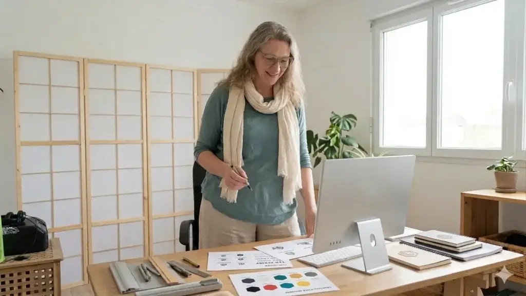 Aurore Place, fondatrice d'Emporte Plume, graphiste et webmaster à Saumur, debout à son bureau