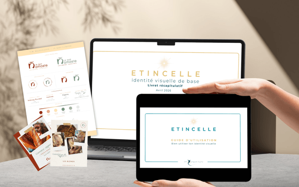 Présentation des livrables de l'offre Etincelle - identité visuelle de base pour les entrepreneures du bien-être, de l'accompagnement et du soin à Saumur