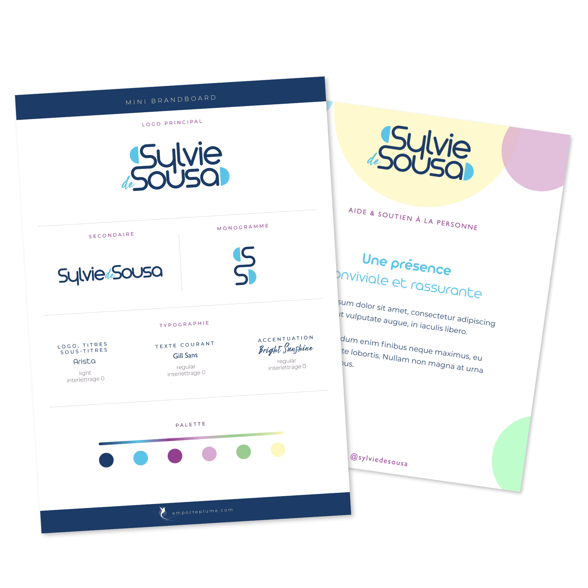 Mockup présentant une identité visuelle de base réalisée grâce à l'offre Etincelle d'Emporte Plume