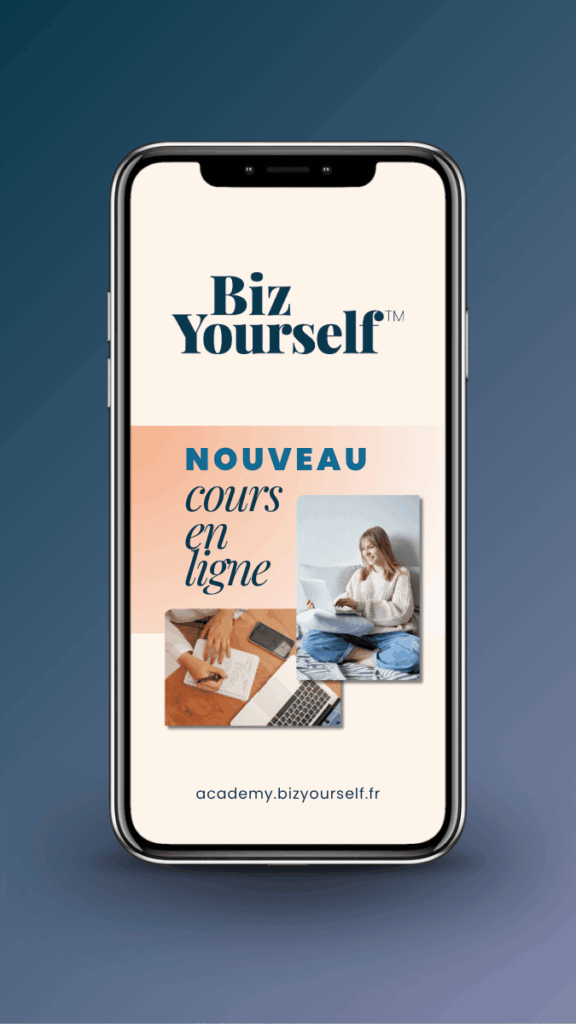Mockup de l'identité visuelle de base de Mathilde Corbin sur smartphone, pour son bootcamp Biz Yourself, créée avec Etincelle