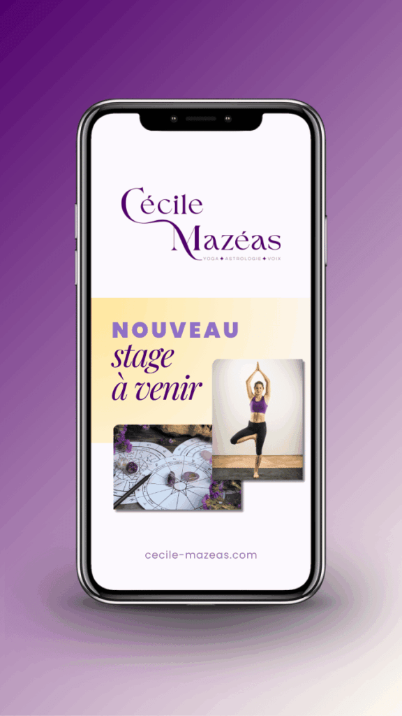 Mockup de l'identité visuelle de base de Cécile Mazéas sur smartphone, pour son activité pluridisciplinaire (yoga, voix, astrologie), créée avec Etincelle