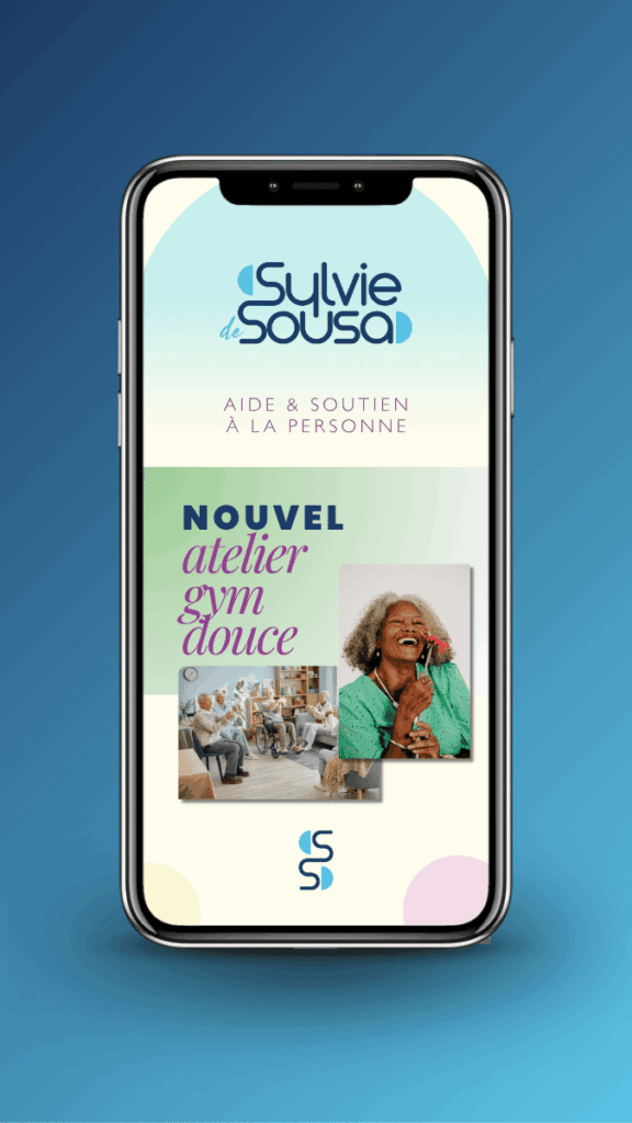 Mockup de l'identité visuelle de base de Sylvie de Sousa sur smartphone, pour son activité d'aide et soutien à la personne, créée avec Etincelle