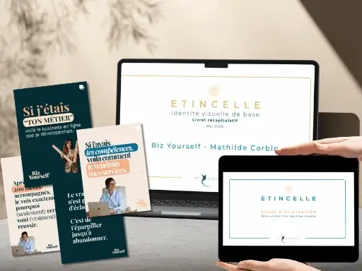 Exemple de visuels créés par Biz Yourself avec son identité visuelle de base Etincelle