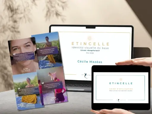 Exemple de visuels créés par Cécile Mazéas avec son identité visuelle de base Etincelle