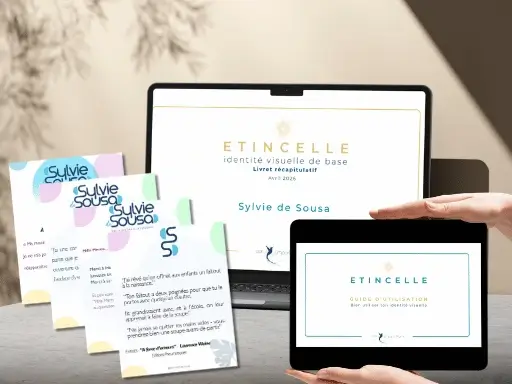 Exemple de visuels créés par Sylvie de Sousa avec son identité visuelle de base Etincelle